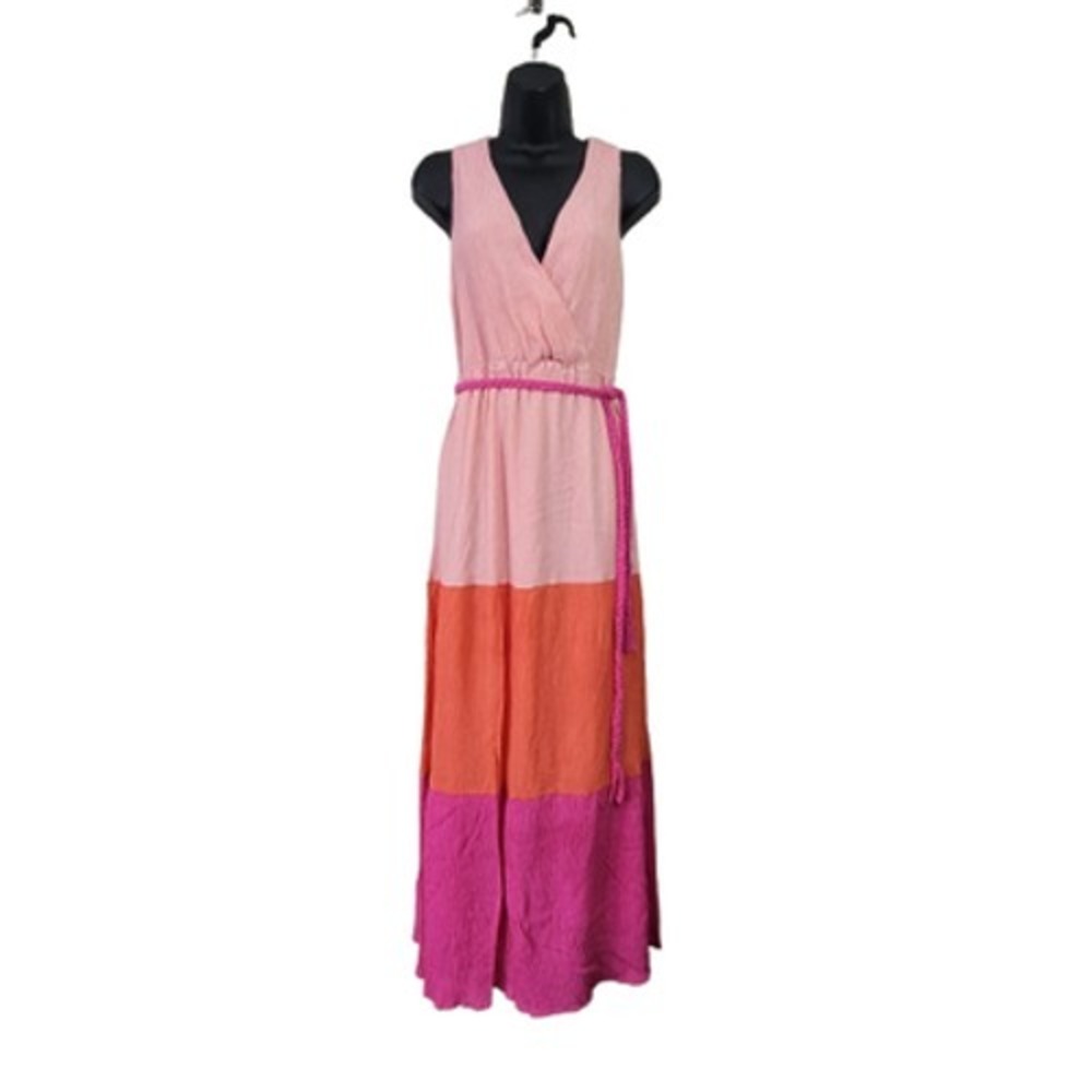 Flying Tomato Dress Womens Medium Pink Orange Maxi Colorblock Boho Summer Belted